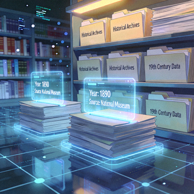 Ilustrasi arsip dan data historis yang tersusun rapi di perpustakaan digital