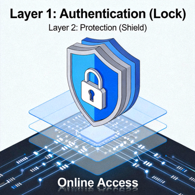 Visual metafora keamanan berlapis seperti gembok dan perisai untuk akses online