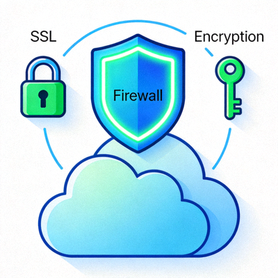 Ilustrasi teknologi keamanan seperti SSL, enkripsi, dan firewall yang melindungi akses online