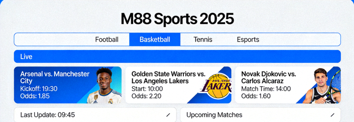 Tampilan dashboard M88 Sports terbaru tahun 2025 yang menampilkan berbagai pertandingan olahraga dan odds