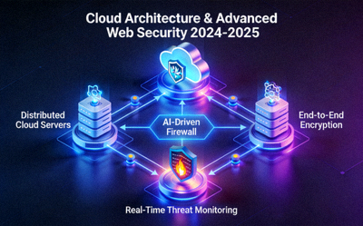 Ilustrasi arsitektur cloud dan keamanan canggih untuk web pada tahun 2024-2025